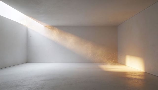 Diagonal sunbeam through skylight illuminating minimalist interior with dust motes