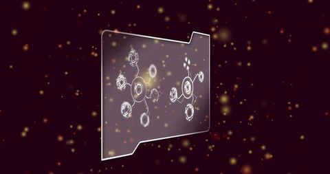 Floating translucent folder with holographic network nodes and golden bokeh glow on maroon
