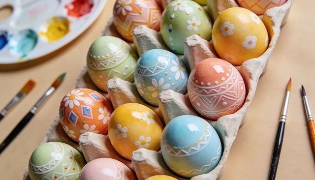 Displaying pastel hand-painted easter eggs in carton with paint brushes and palette