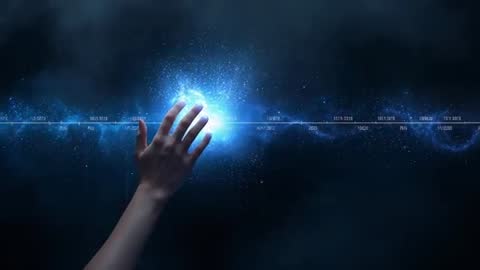 Reaching Hand Activating Blue Orb on Futuristic Timeline in Cosmic Interface