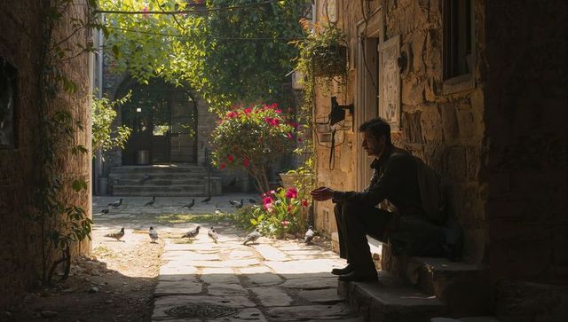 Man Feeding Pigeons in Sunlit Stone Courtyard Under Archway, Contemplative Moment
