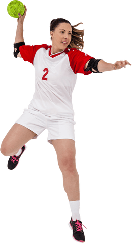 Confident sportswoman throwing ball in action pose transparent background