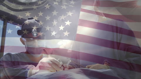 Surgeons Performing Operation with USA Flag Overlay