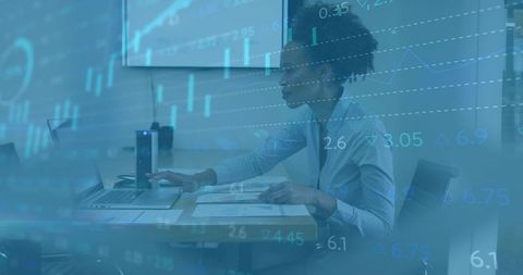 Female professional analyzing financial data on laptop with overlaid stock market charts