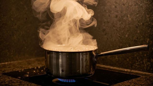 Boiling stainless steel saucepan releasing steam over glass-ceramic cooktop, blue flame