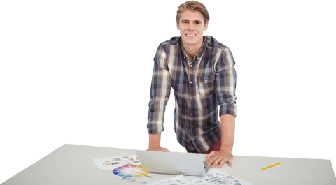 transparent young businessman standing at table with laptop confidently - Download Free Stock Videos Pikwizard.com