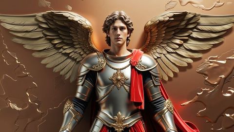 Regal Warrior Angel in Ornate Armor with Wings Against Abstract Background