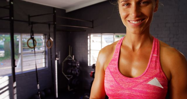 Confident Woman in Pink Athletic Top Standing in Gym - Download Free Stock Images Pikwizard.com