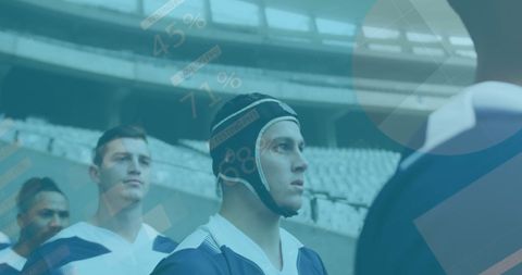 Rugby players with data graphics overlay for enhanced analysis visualization