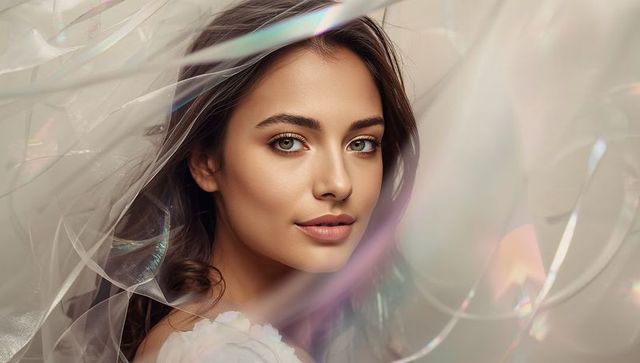 Bridal beauty portrait showing model veiled in iridescent tulle with soft pastel glow
