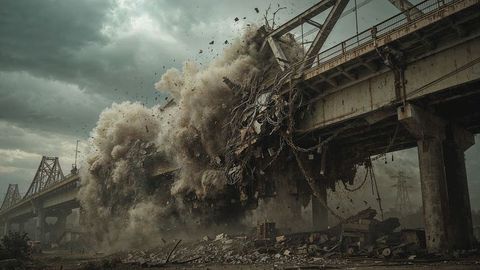 Bridge demolition releasing dust cloud in industrial area