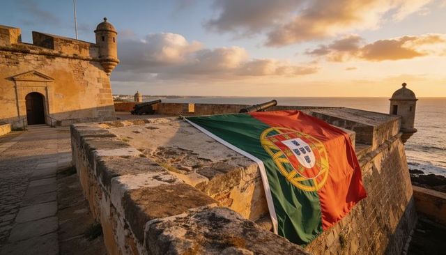 Portuguese flag draping over seaside fortress rampart with cannons and watchtowers at sunset