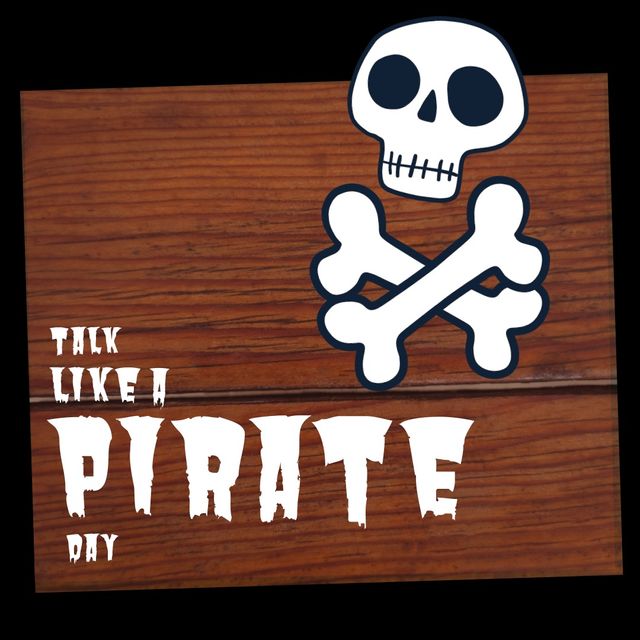 Vector image of skull and crossbones with talk like a pirate day text, copy space. Illustration, parodic holiday, romanticized view of golden age of piracy, talk exclusively in pirate lingo.
