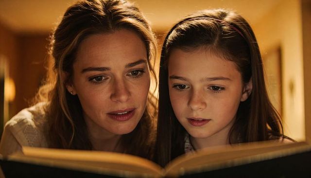 Mother and daughter reading bedtime book together in warm cozy home light, family bonding
