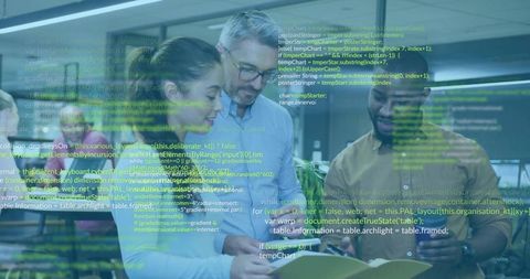 Team of Developers Collaborating with Code Overlay in Modern Office