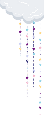 Whimsical cloud with hanging heart and star garland on transparent background
