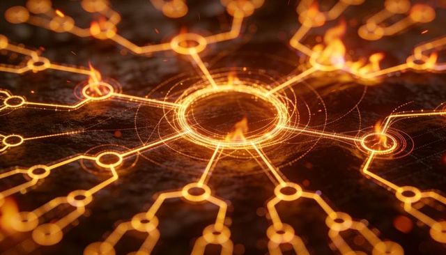 Glowing Orange Network Hub with Radiating Circuit Traces, Ember Sparks and Neon Glow