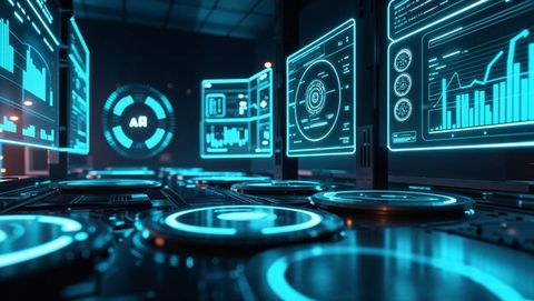 Futuristic control room with holographic screens displaying data analytics