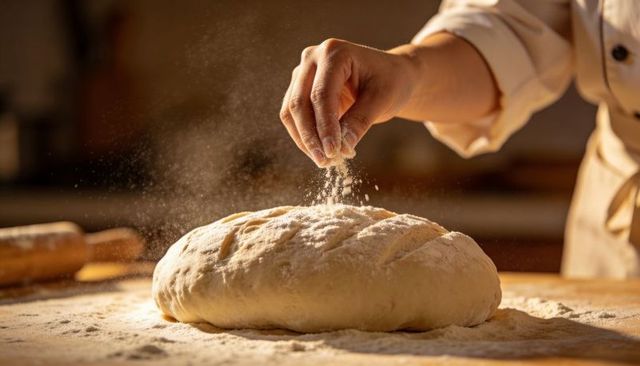 Baker sprinkling flour over artisan sourdough loaf on wooden board in warm kitchen light