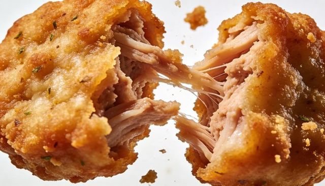 Crispy breaded chicken nugget pulling juicy shredded meat strands with golden crumbs