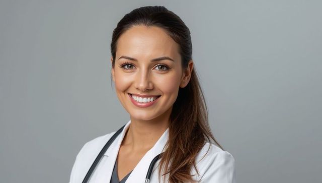 Confident female physician smiling in white coat with stethoscope medical headshot