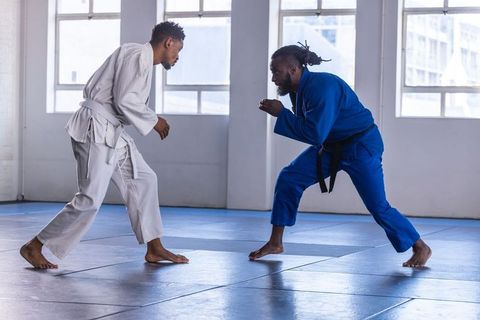 Martial Arts Sparring with African American Men in Dojo