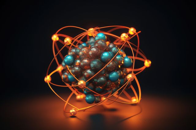 Blue and yellow atoms forming molecular structure, created using generative ai technology. Science, nature, matter, model and structure concept digitally generated image.