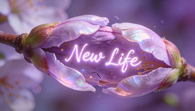 Macro opening iridescent purple blossom revealing glowing neon 'new life' script