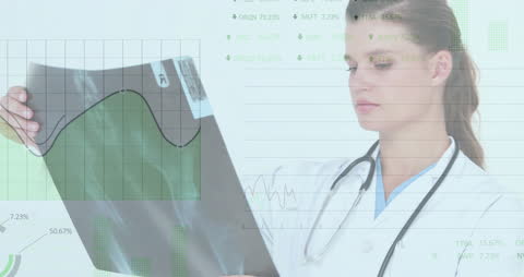 Female Doctor Analyzing X-Ray with Financial Graph Overlay
