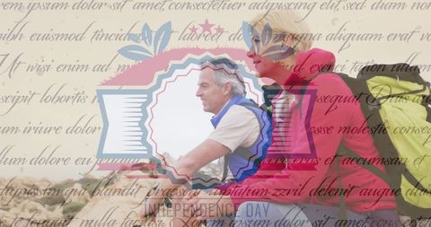 Senior Couple Enjoying Outdoor Adventure with Independence Symbol