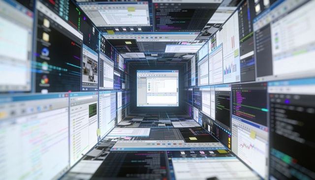 3d tunnel of tiled code and data screens forming digital workspace with focused dialog
