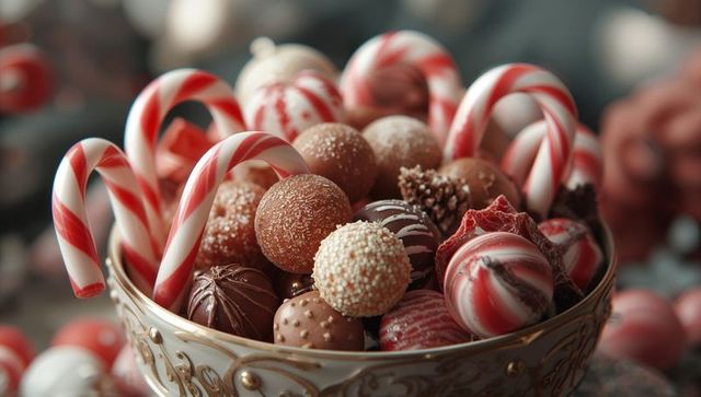 Luxurious chocolate truffles and candy canes in ornate bowl