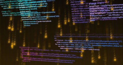 Glowing Code and Currency Glyphs Cascading Over Amber Stripes for Cyber Finance Dashboard
