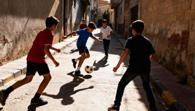 Boys playing street soccer in sunlit alley, urban youth kicking football and chasing ball