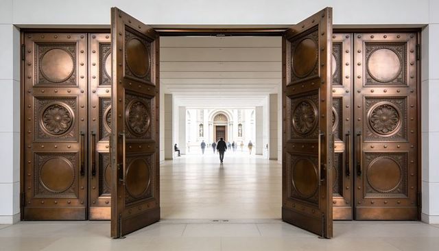 Opening bronze ornate doors revealing luminous museum colonnade with silhouetted visitors