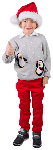 Festive Boy Giving Thumbs Up in Christmas Hat on Transparent Background