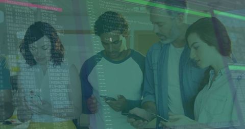 Developers Collaborating to Debug Code with Modern Technology