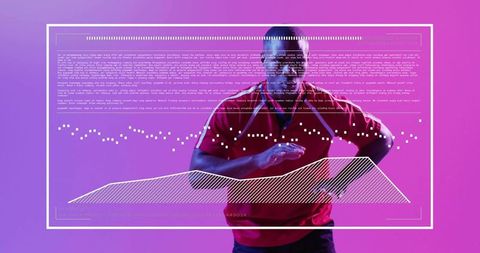 Athletic Man Jogging with Digital Data Overlay in Gradient Studio