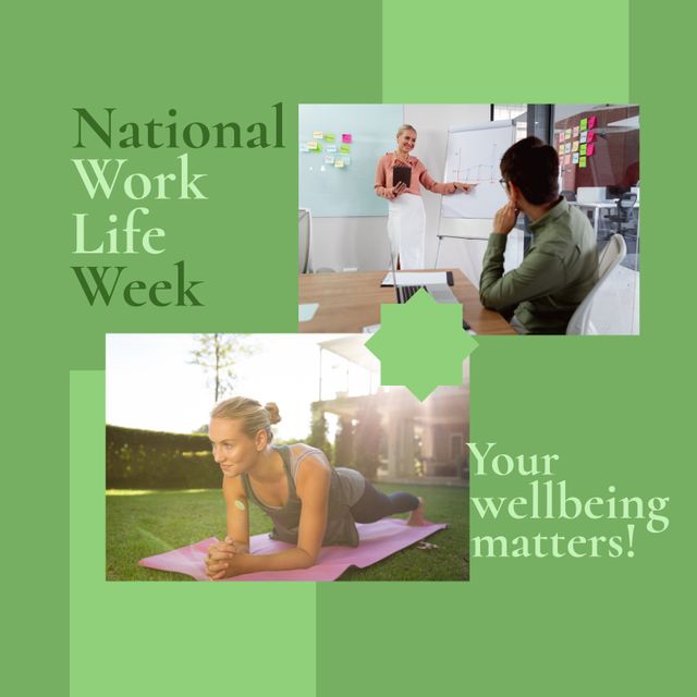 Visual collage showcasing National Work Life Week through images of professionals in office settings and doing yoga outdoors. Promotes balancing work commitments and personal well-being. Suitable for use in health and wellness campaigns, corporate newsletters, and HR presentations focused on employee well-being.