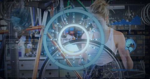 Female bicycle mechanic tightening spokes using augmented reality hud in workshop