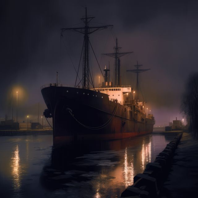 A vintage ship is moored at a foggy dock at night. Mysterious ambiance envelops the vessel, evoking tales of maritime history and bygone voyages.