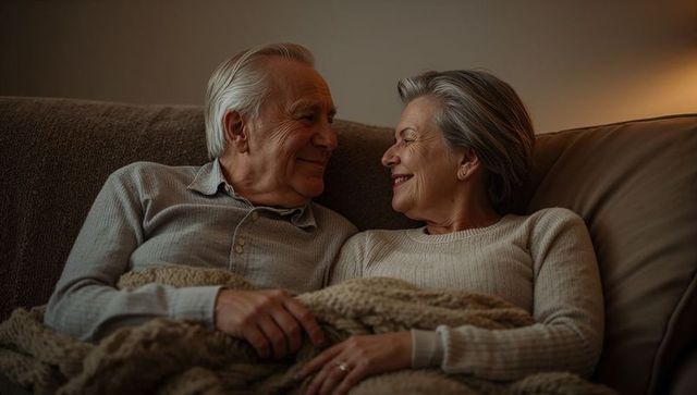 Senior couple cuddling on sofa holding hands under blanket warm evening home romance smiling