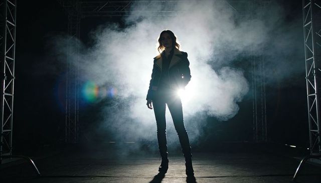 Posing silhouette woman backlit by intense spotlight, cinematic fog and stage flare, truss