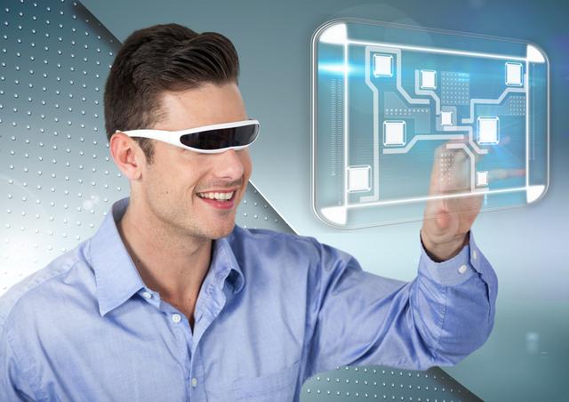 Man interacting with a digital screen using a virtual reality headset is demonstrating futuristic technology. Perfect for content related to innovation, digital advancements, VR applications, and business technology solutions. Useful for websites or promotional material highlighting cutting-edge developments in virtual and augmented realities.