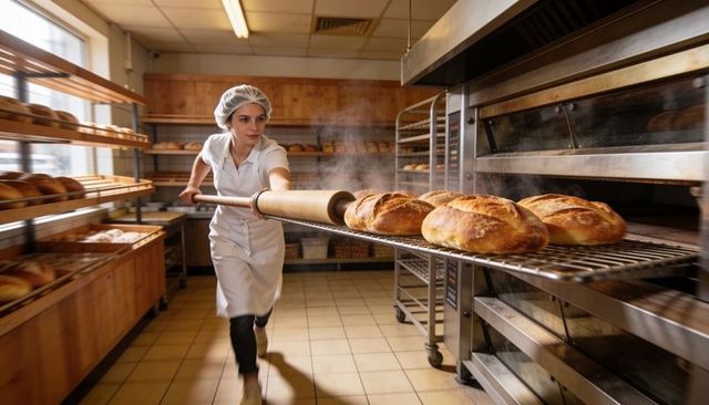 Baker Pulling Steam-Rising Artisan Loaves from Industrial Oven in Busy Bakery