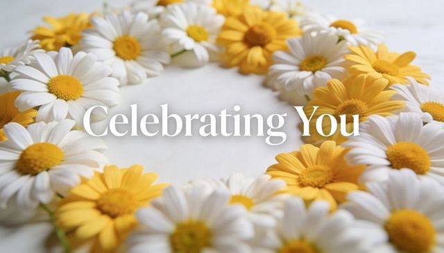 Celebrating you daisy wreath with white and yellow daisies on marble for greeting cards