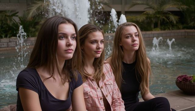 Three teenage girls sitting by fountain in indoor courtyard leaning on stone edge, relaxed