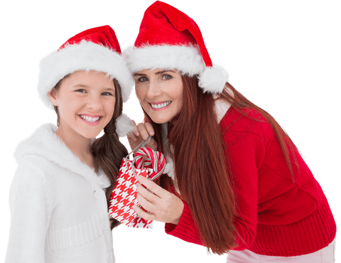 Mother and Daughter in Santa Hats with Gift on Transparent Background