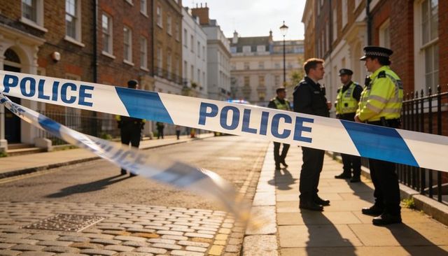 Fluttering police tape cordoning cobblestone street with officers in high-vis jackets