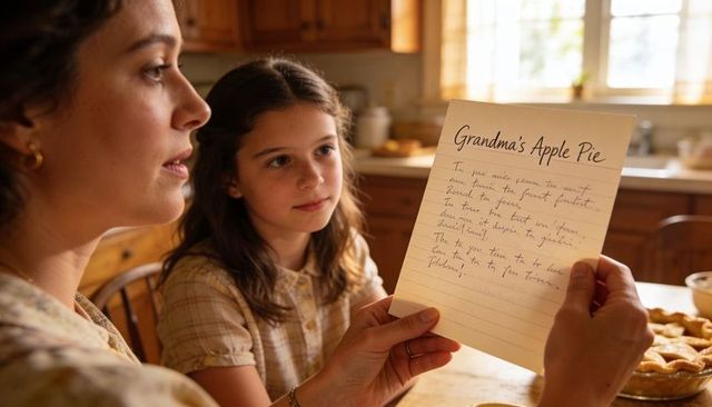 Mother and daughter reading grandma's apple pie recipe in sunlit kitchen, baking together